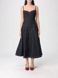 Indigo denim flared midi dress