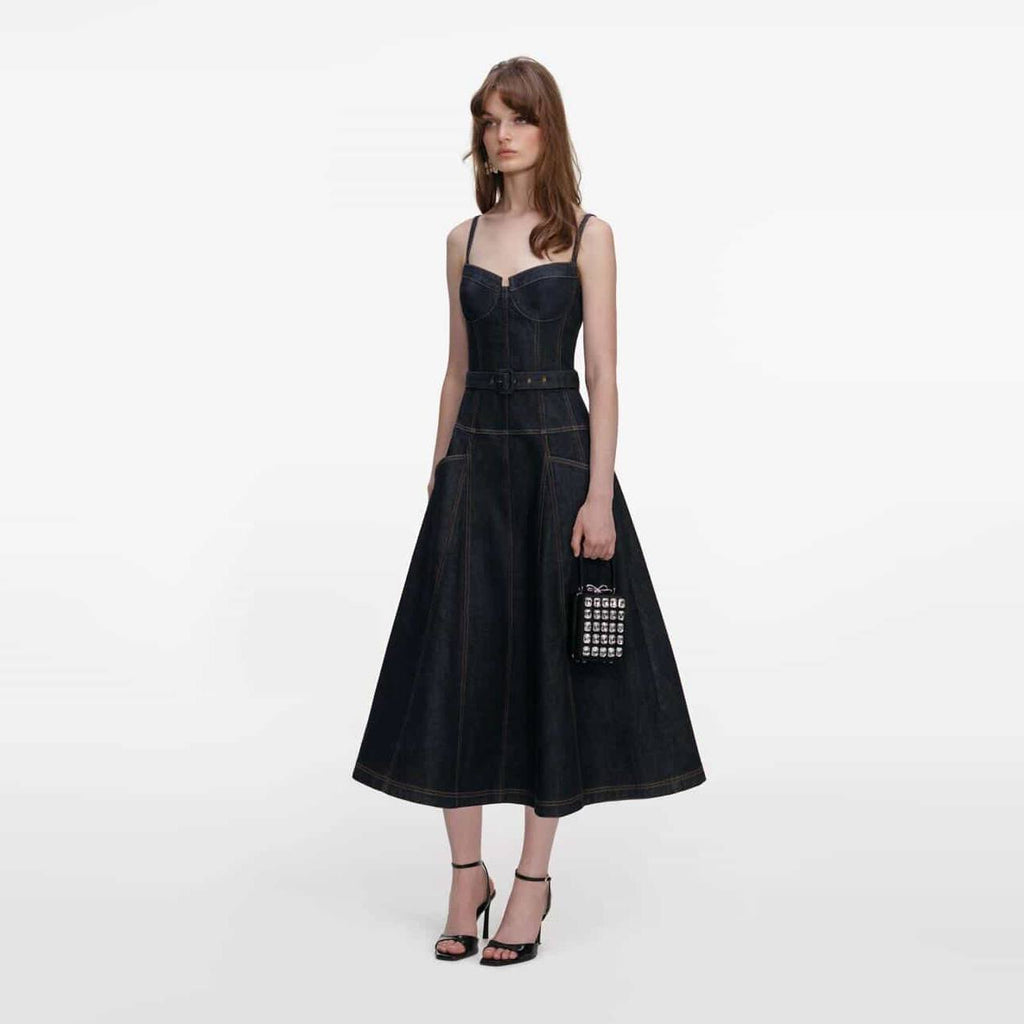 Indigo denim flared midi dress