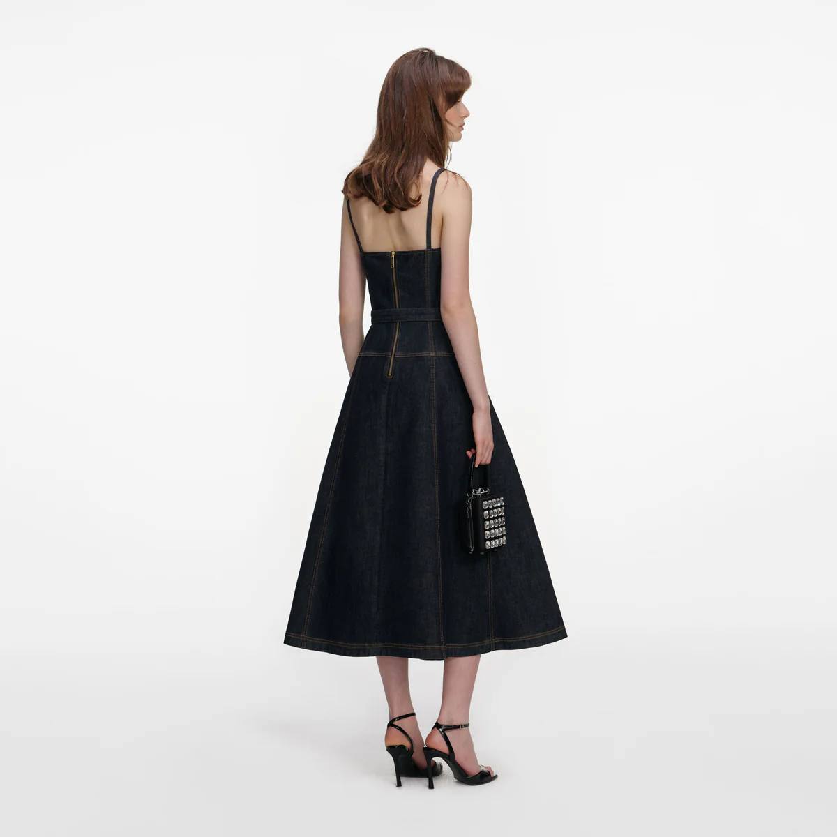 Indigo denim flared midi dress