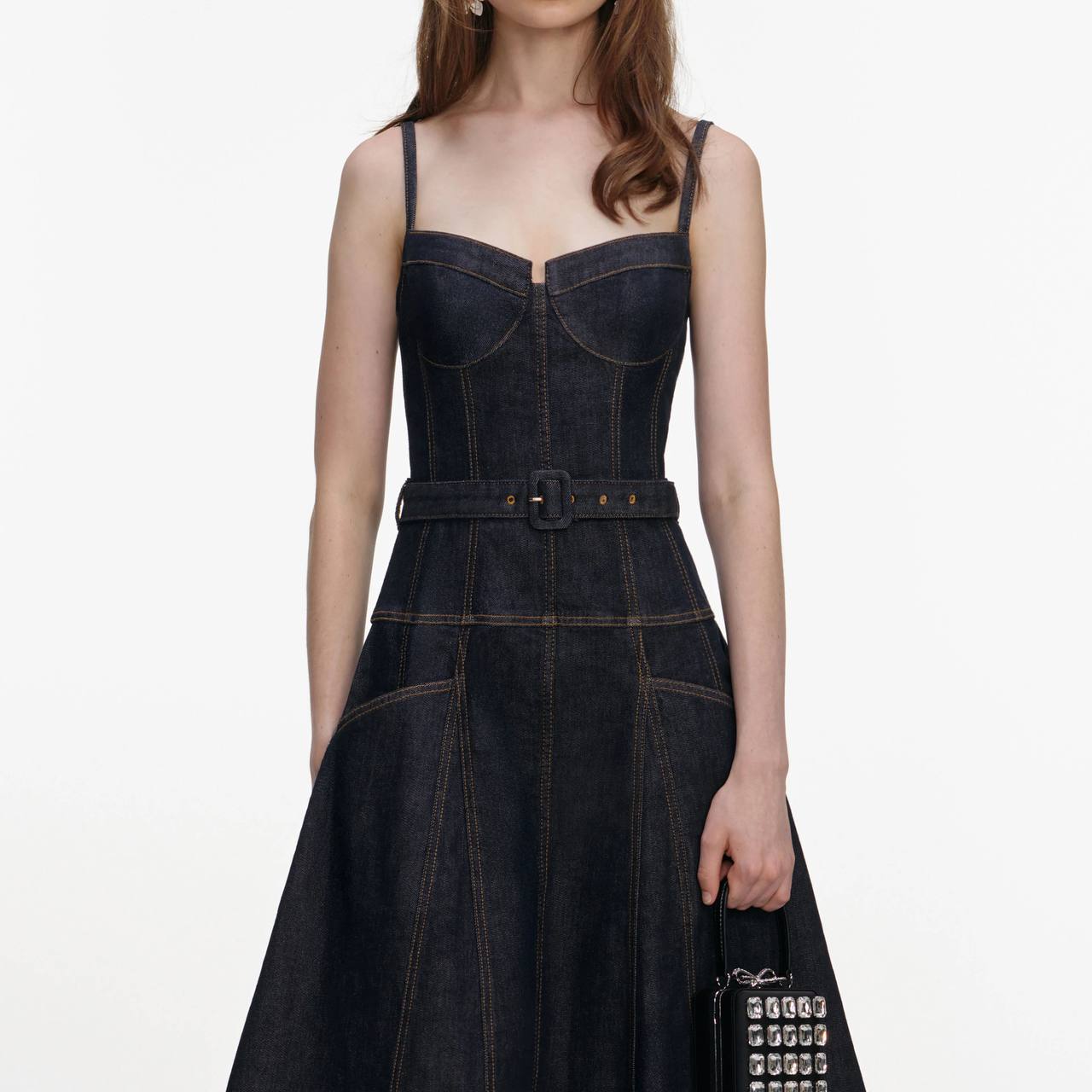 Indigo denim flared midi dress