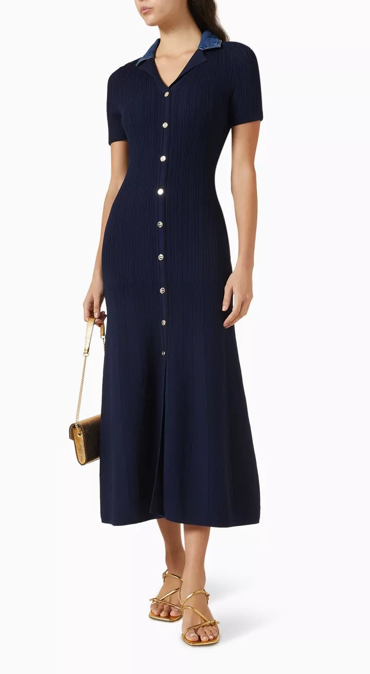 Knit navyblue jeans collar dress