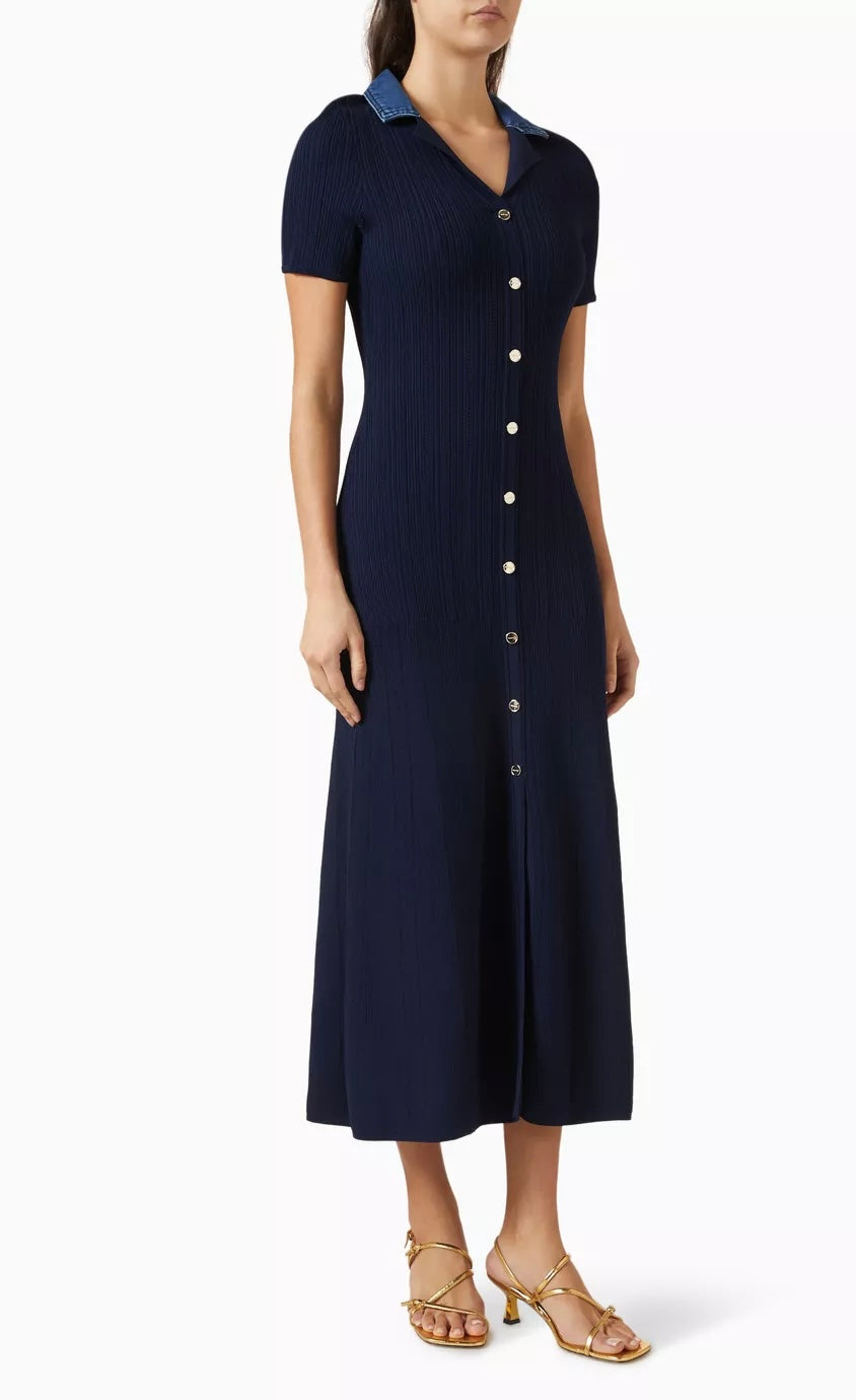 Knit navyblue jeans collar dress