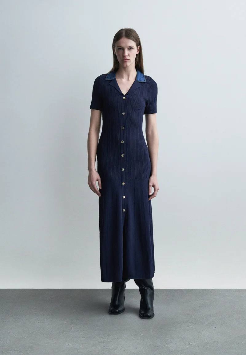 Knit navyblue jeans collar dress