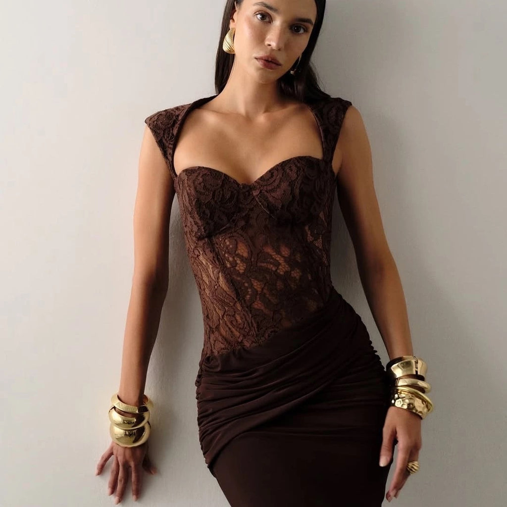 Lace Bustier Draped Maxi Dress brown