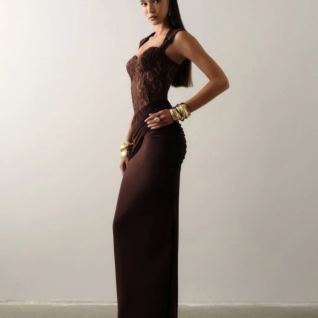 Lace Bustier Draped Maxi Dress brown