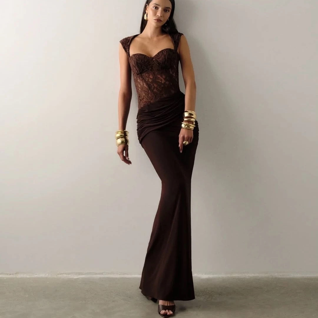 Lace Bustier Draped Maxi Dress brown