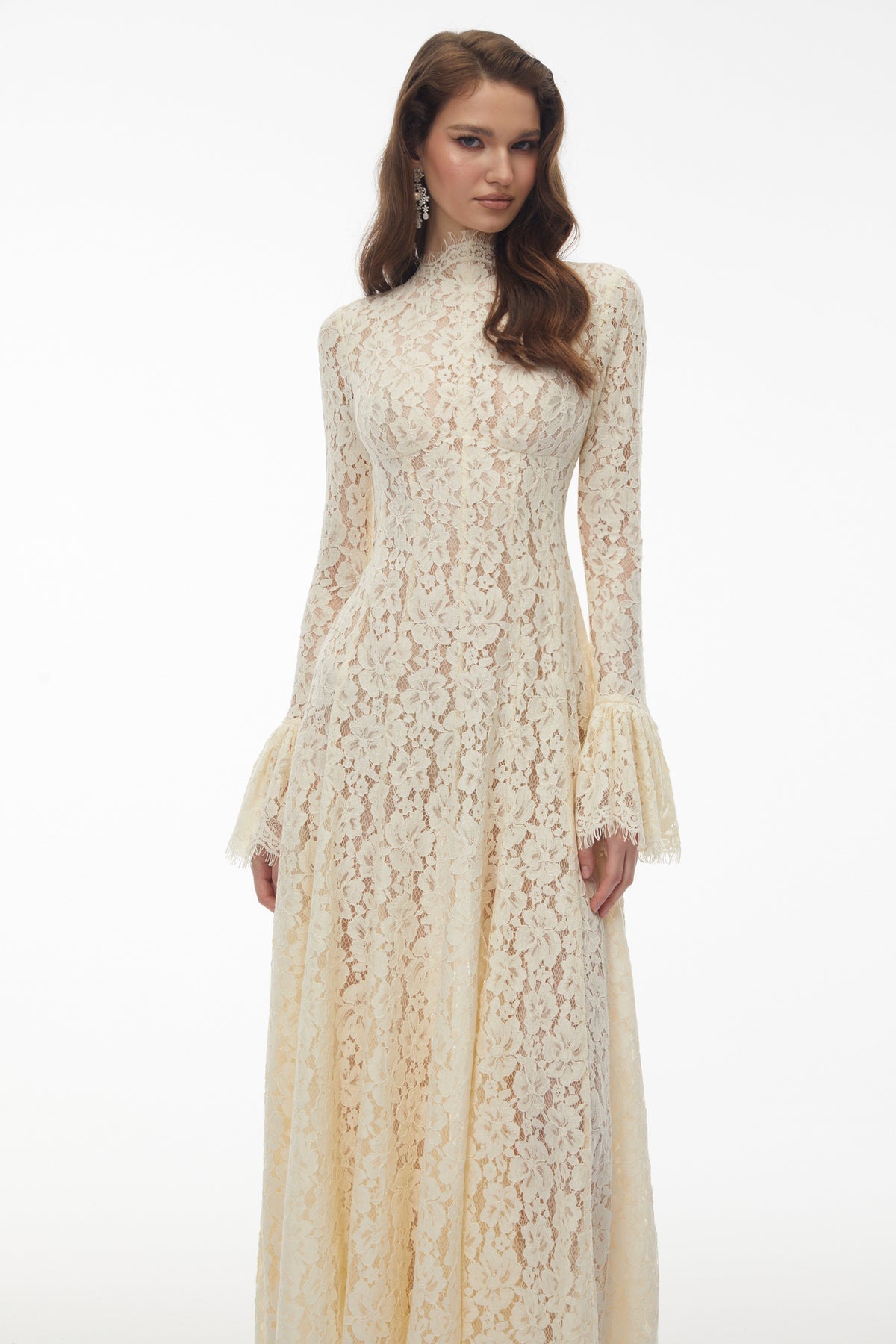 Nasrin white mock neck floral lace dress