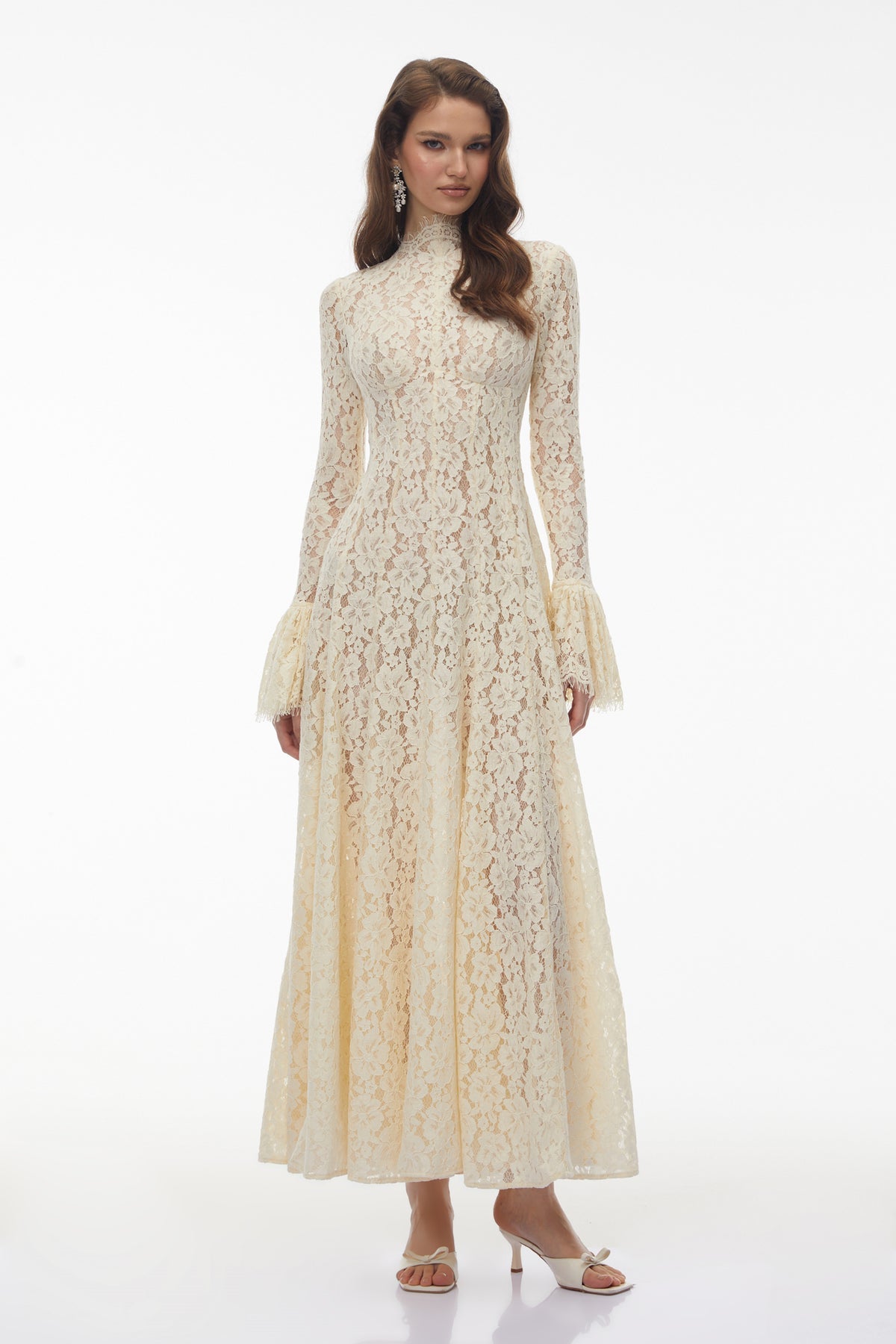 Nasrin white mock neck floral lace dress