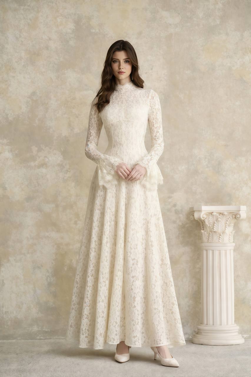 Nasrin white mock neck floral lace dress