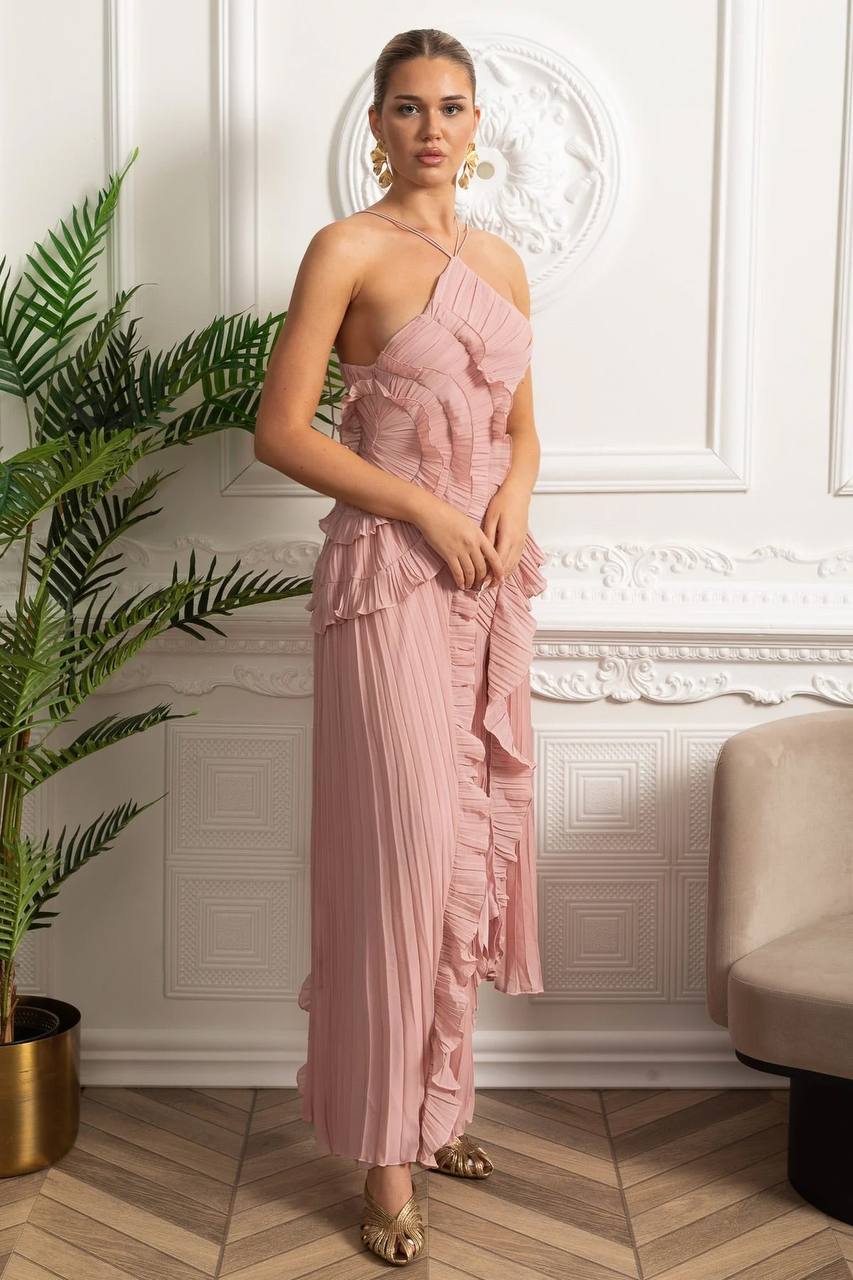 Ruffled Trim Pleated Dress