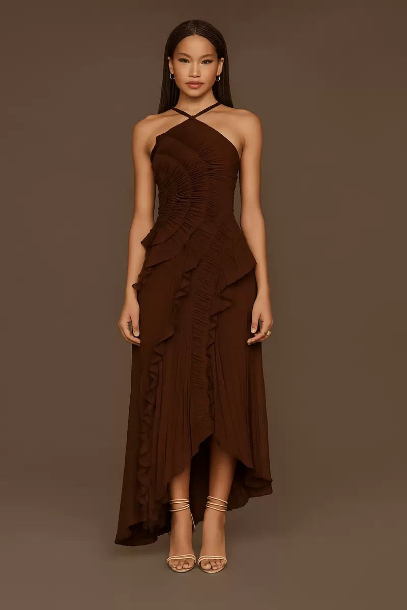Ruffled Trim Pleated Dress