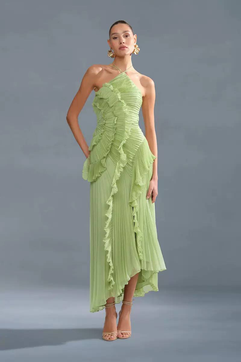 Ruffled Trim Pleated Dress