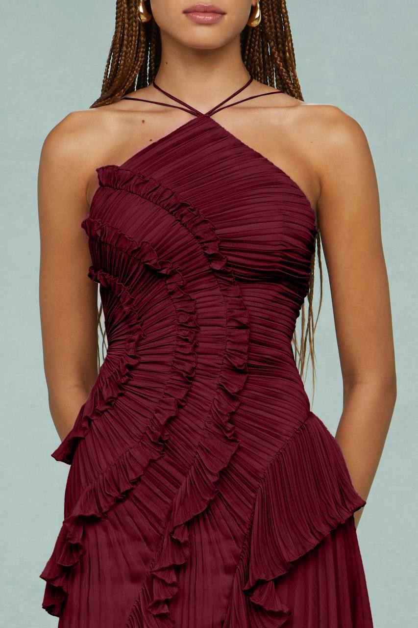 Ruffled Trim Pleated Dress