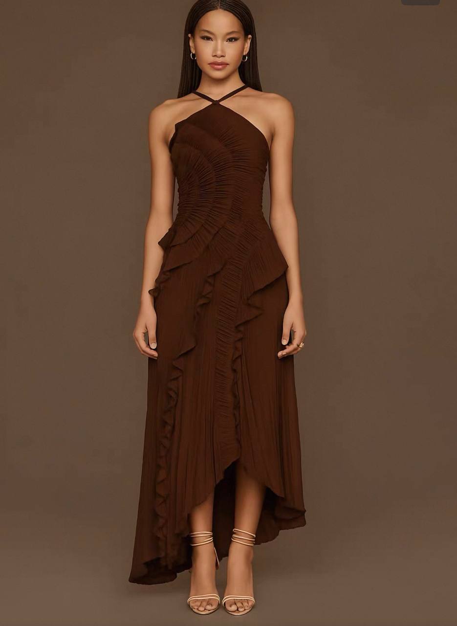 Ruffled Trim Pleated Dress