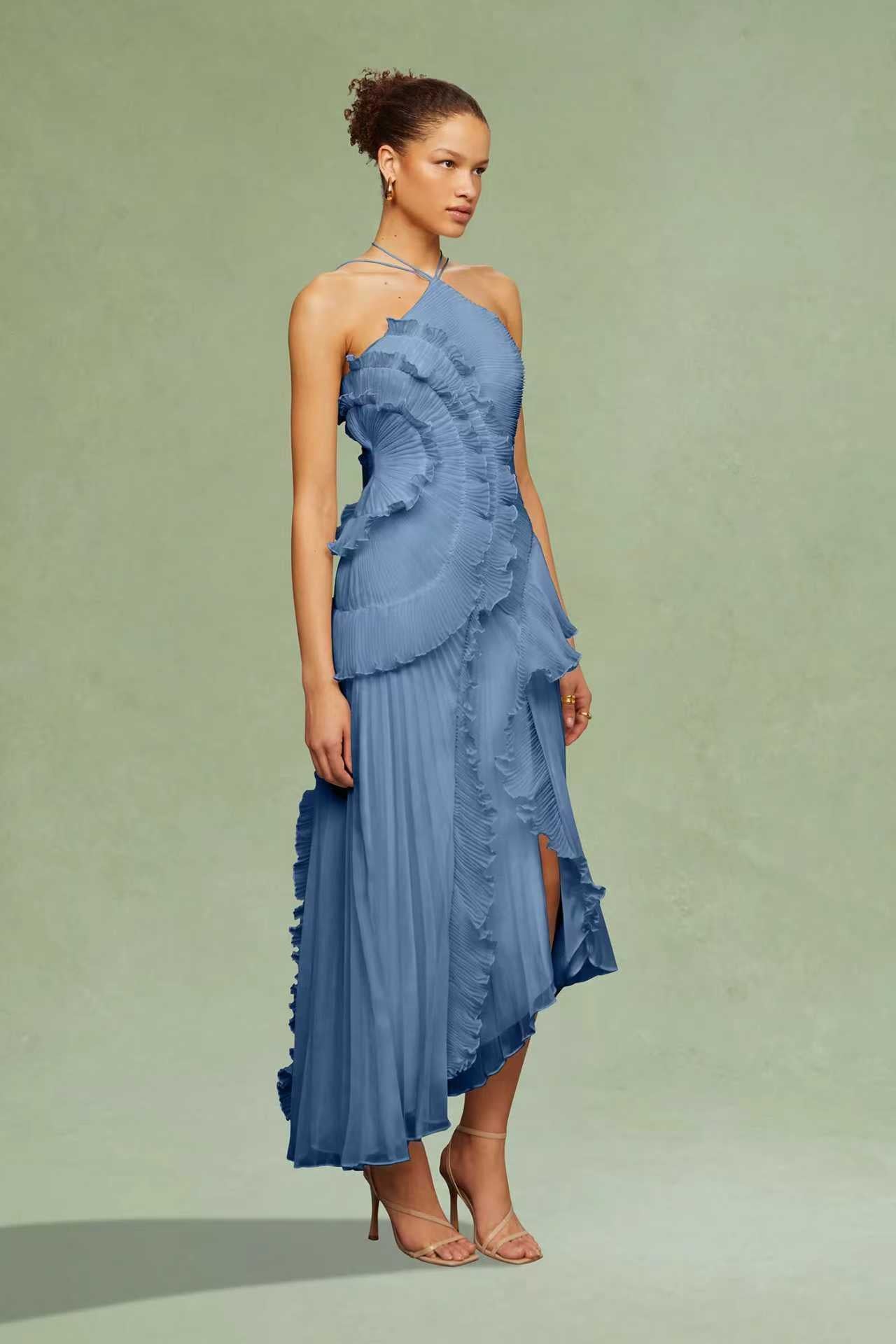 Ruffled Trim Pleated Dress